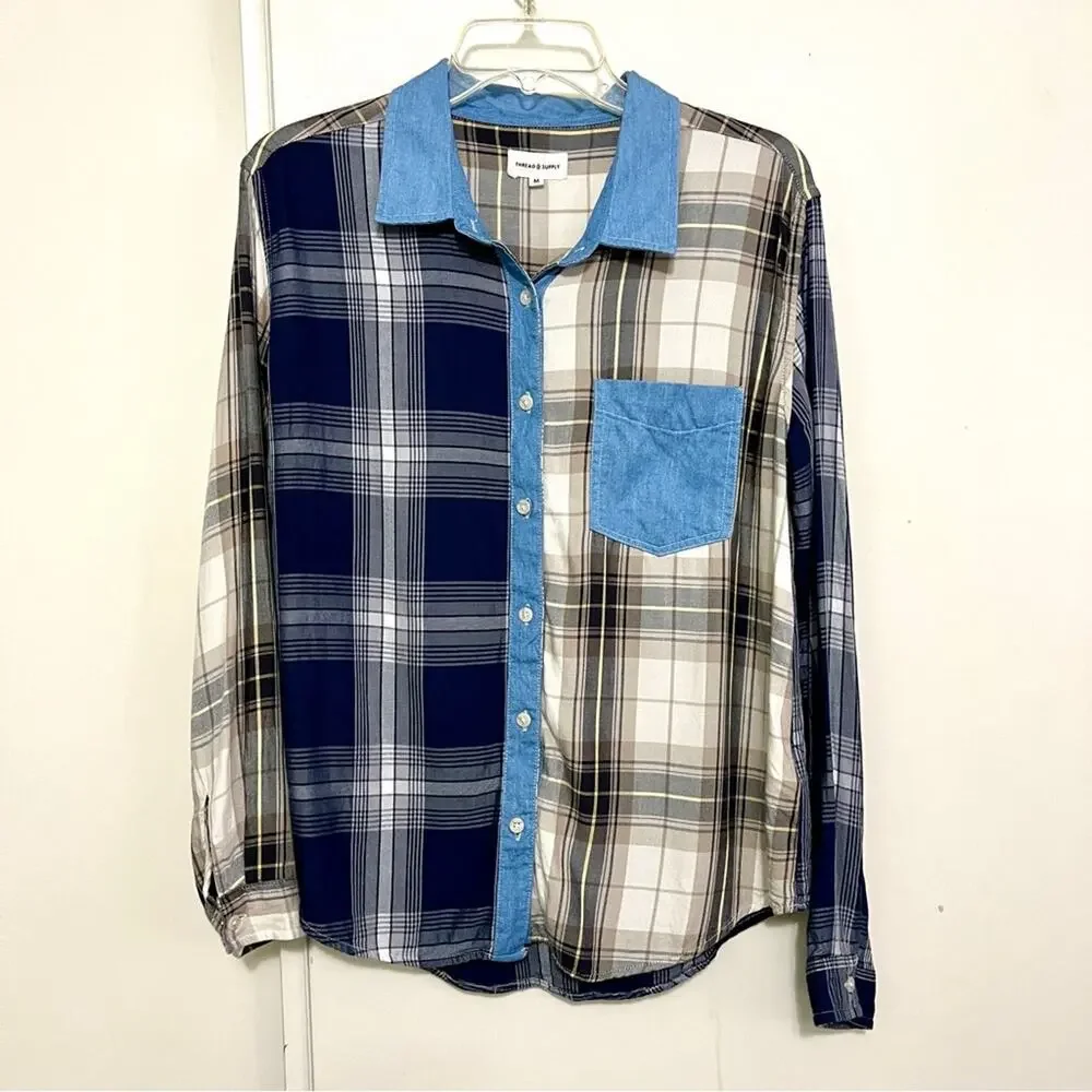 Thread & Supply Plaid Mix Button Down Shirt M - Picture 2 of 7